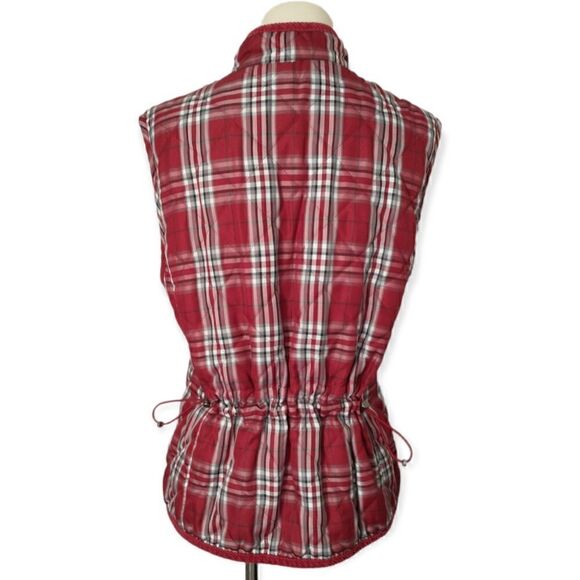 Buffalo Plaid Puffy Vest Quilted Red Pockets Cinched Medium Outdoors Academia - Picture 6 of 16